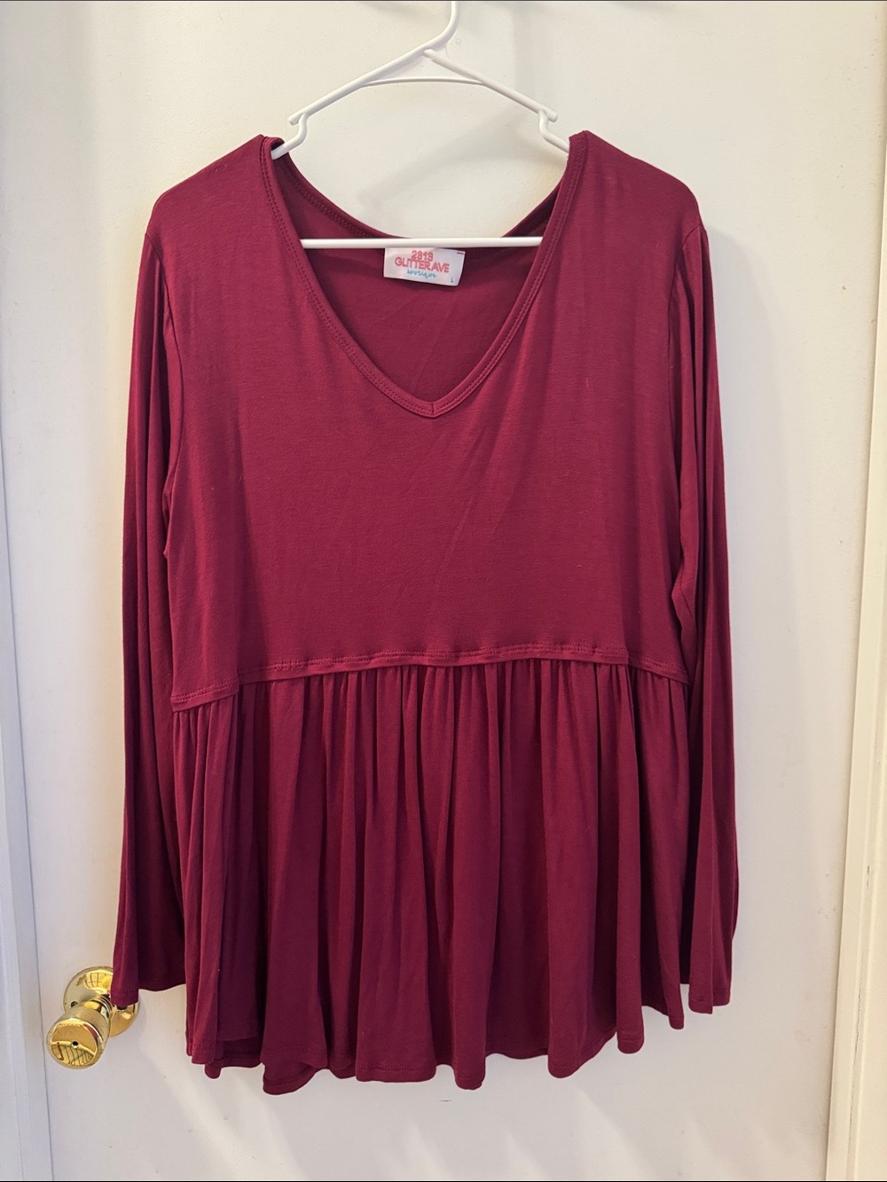 Wine V-Neck Peplum Long Sleeve Top